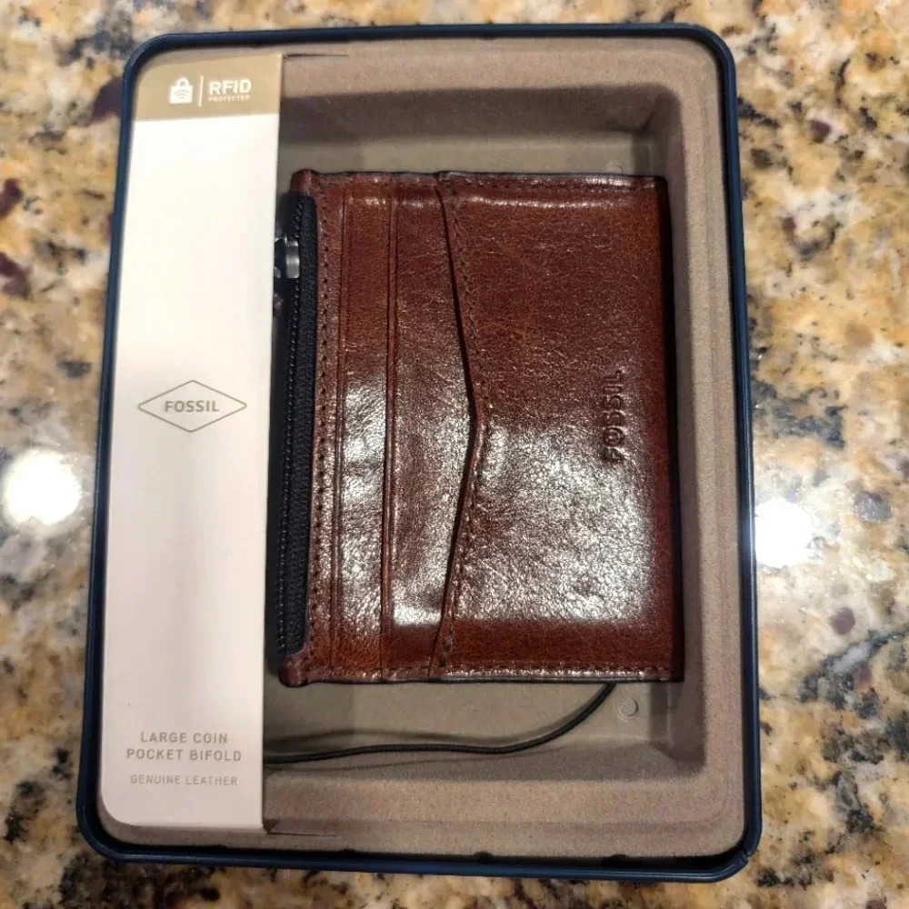 ⚡New! Fossil Mens Andrew Leather Minimalist Zip Card Case Wallet w Gift Box Tin